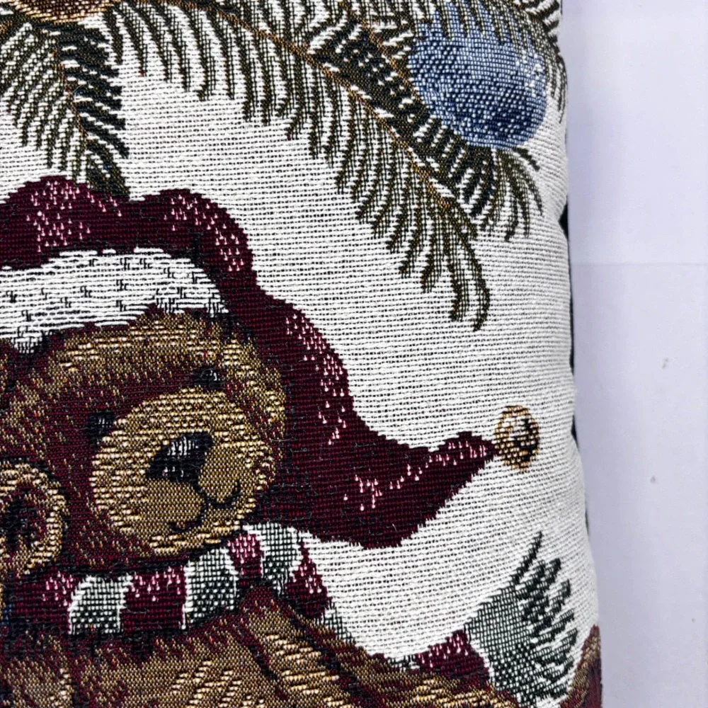 Vintage‎ Christmas Teddy Bear Woven Tapestry Throw Pillows Set of 2 Green Back